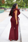 Wine Red Drawstring Sleeveless High Solid ruffle Straight Pants Jumpsuits & Rompers