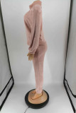 Pink Casual Solid Split Joint Turtleneck Long Sleeve Two Pieces