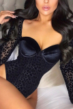 Black Sexy Leopard See-through Square Collar Skinny Bodysuits