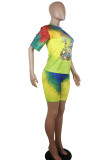 Yellow Polyester Fashion Casual adult Ma'am Patchwork Print Character Tie Dye Two Piece Suits Straight Short Sleeve Two Pieces
