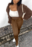Brown Casual Solid Fold Boot Cut Bottoms