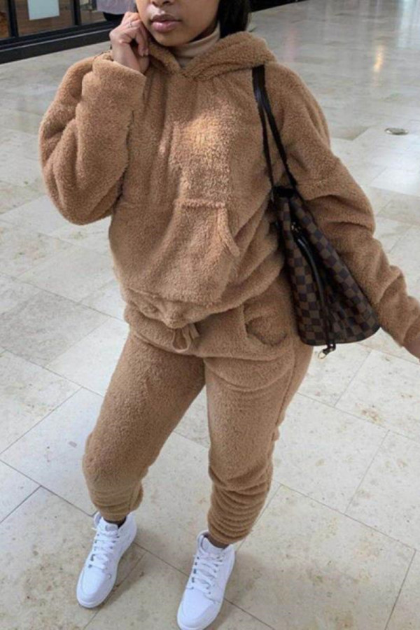 Camel Fashion Casual Solid Basic Hooded Collar Long Sleeve Two Pieces