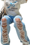 Light Blue Denim Button Fly Mid Patchwork Solid Hole washing Old Loose Pants Bottoms