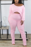 Pink Casual Solid Draw String Fold O Neck Long Sleeve Two Pieces