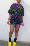 Black Casual Print Patchwork O Neck Tops