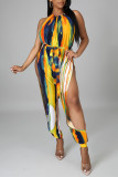 Yellow Fashion Sexy Print Tie Dye Slit O Neck Regular Jumpsuits