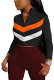 Black Mandarin Collar Long Sleeve Striped Patchwork contrast color Tops