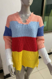 Rainbow Color Casual Striped Tassel One Shoulder Tops