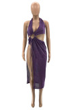 Blue Fashion Sexy Solid Hollowed Out Backless Slit Halter Sleeveless Dress