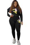 Black Polyester Active Solid Two Piece Suits Print Patchwork pencil Long Sleeve