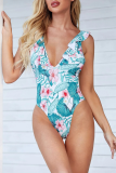 Red Sexy Print Split Joint Flounce Swimwears