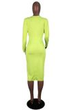 Fluorescent green Polyester Casual Cap Sleeve Long Sleeves V Neck A-Line Mid-Calf Solid Club Dresses