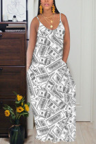 Grey Cotton Fashion Casual Grey Green Yellow Spaghetti Strap Sleeveless Slip Swagger Floor-Length Print Dresses