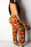Red Fashion Sexy Print Backless V Neck Regular Jumpsuits
