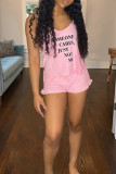 Pink Casual Living Letter Print Backless Spaghetti Strap Sleeveless Two Pieces