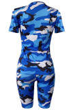 Blue Sexy Patchwork Gradient Print Two Piece Suits Camouflage pencil Short Sleeve