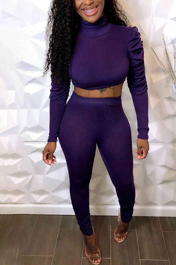 purple Casual Sportswear Solid Turtleneck Long Sleeve Pile Up Sleeves Regular Two Pieces