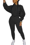 Black Fashion Casual Adult Polyester Solid Split Joint O Neck Long Sleeve Batwing Sleeve Regular Two Pieces
