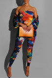 Blue Fashion Casual Print Basic Long Sleeve Two Pieces