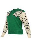 Red Polyester O Neck Long Sleeve Animal Prints Solid Patchwork