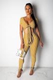 Yellow Sexy Fashion Striped Print Patchwork Polyester Short Sleeve V Neck Jumpsuits