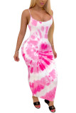 Pink Polyester Fashion Sexy adult White Pink Spaghetti Strap Sleeveless Slip Step Skirt Ankle-Length Print Patchwork Tie and dye Dresses