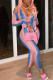 Powder Blue Fashion Sexy Print Hollowed Out V Neck Regular Jumpsuits