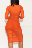Orange Cap Sleeve Long Sleeves O neck Pencil Dress Knee-Length Patchwork Print Dresses
