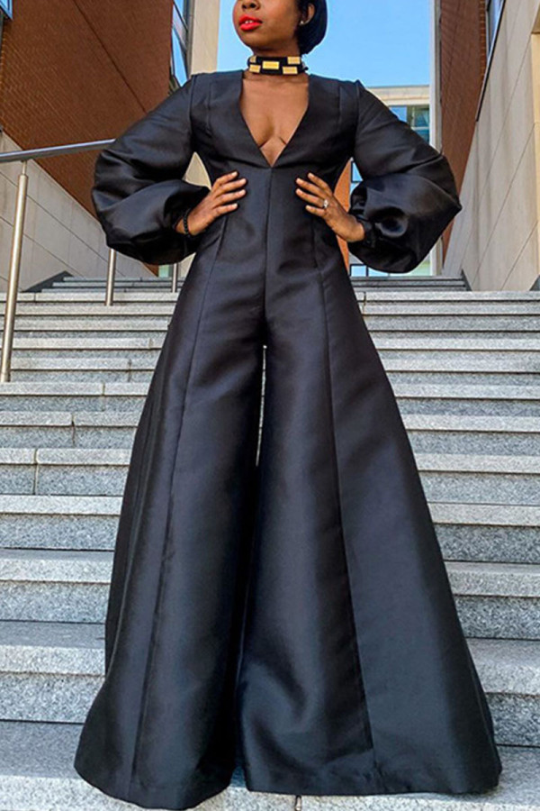 Black Vintage Solid V Neck Regular Jumpsuits