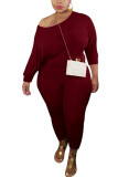 rose red Fashion Sexy Adult Ma'am Cotton Solid Two Piece Suits Stitching O Neck Plus Size