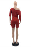 Purplish Red Fashion Casual Solid Basic V Neck Half Sleeve Two Pieces