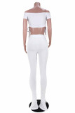 White Fashion Solid Hollowed Out Slit Strap Design Off the Shoulder Short Sleeve Two Pieces