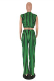 Green Fashion Casual Striped Print Basic V Neck Sleeveless Two Pieces