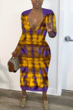 Multi-color Fashion Casual adult Ma'am Cap Sleeve Long Sleeves V Neck Pencil Dress Mid-Calf Print Dresses