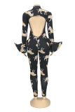Black Sexy Print Hollowed Out Half A Turtleneck Skinny Jumpsuits