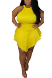 Yellow Polyester Fashion Sexy adult Ma'am O Neck Patchwork Solid asymmetrical Stitching Plus Size