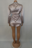 Rose Red Casual Solid Bandage Patchwork Turndown Collar Long Sleeve Two Pieces