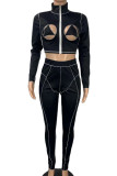 Black Sexy Patchwork Hollowed Out Asymmetrical Turtleneck Long Sleeve Two Pieces