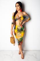 Yellow Polyester Fashion Sexy Print Patchwork A-line skirt Two-Piece Dress