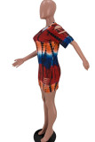 Red Fashion Casual Print Tie Dye Ripped O Neck Short Sleeve Dress