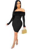 Black Sexy Off The Shoulder Long Sleeves One word collar Pencil Dress Knee-Length Patchwork Soli