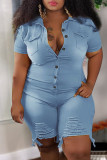 Blue Fashion Solid Buttons Asymmetrical Turndown Collar Plus Size Jumpsuits
