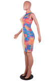 Pink Fashion Sexy Print Patchwork See-through Zipper Collar Sleeveless Dress
