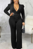 Silver Sexy Solid Patch With Belt V Neck Regular Jumpsuits