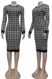 Black White Casual Plaid Patchwork O Neck Wrapped Skirt Dresses