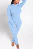 Blue Casual Solid Split Joint Slit O Neck Long Sleeve Two Pieces