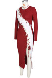 Red Sexy Solid Hollowed Out Split Joint Frenulum O Neck A Line Dresses