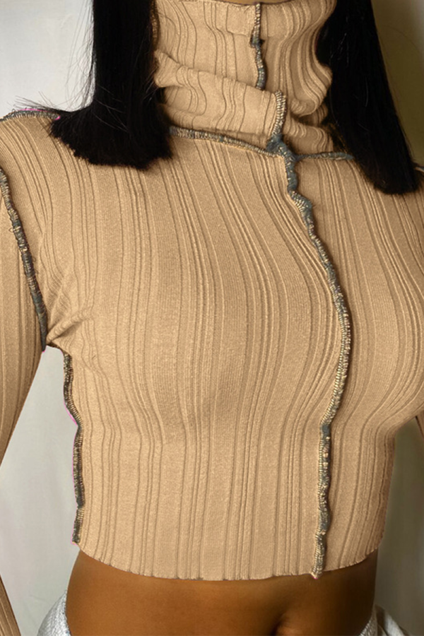 Camel Solid Patchwork Turtleneck Tops