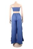 Blue Polyester Fashion Sexy crop top Slim fit Two Piece Suits Beading asymmetrical Solid bow-knot Straigh