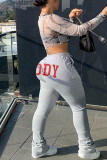 Grey Fashion Casual Letter Print Letter Pants Regular Trousers